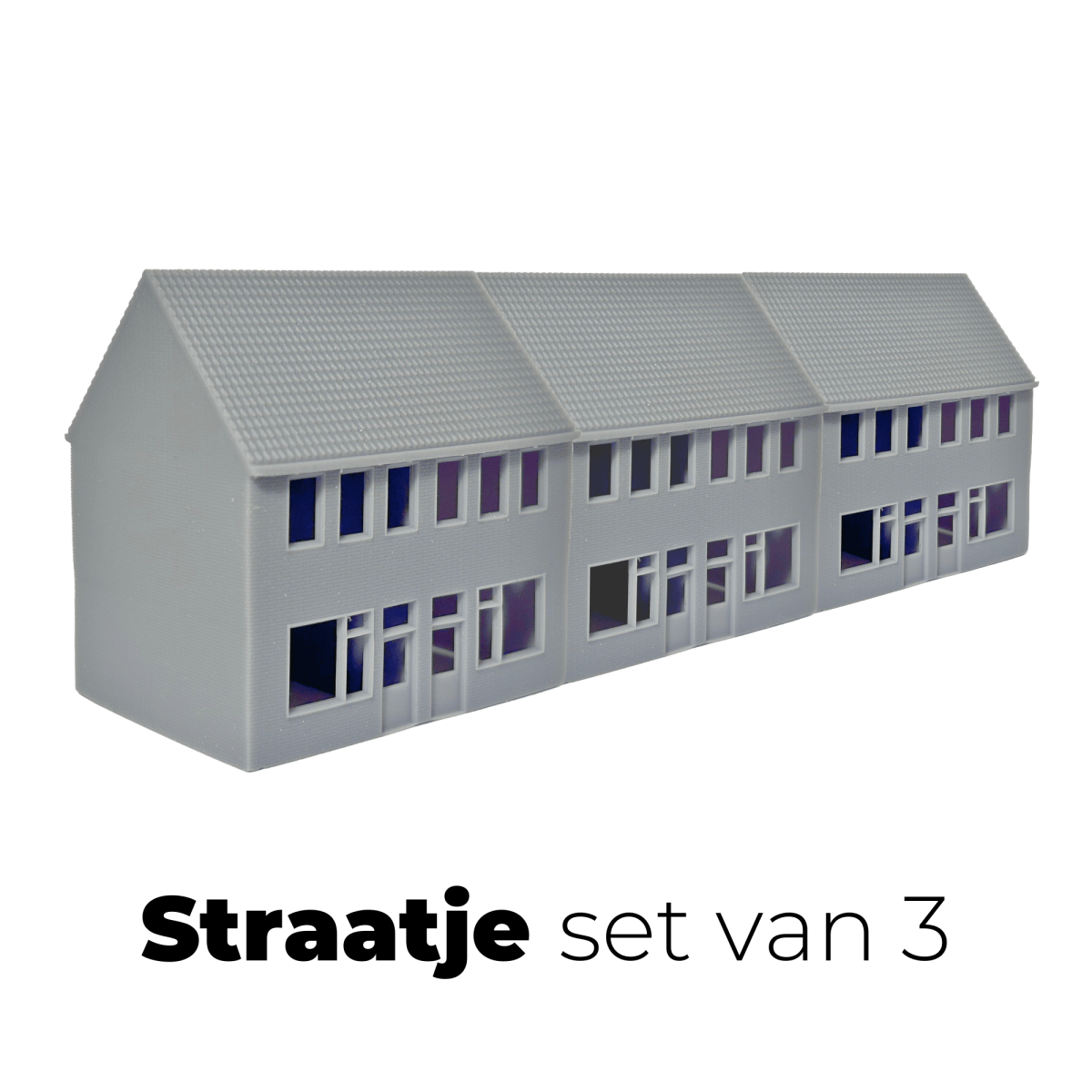 Straatje 3x Rijtjeshuis Modern N - spoor Huisje - 2 onder 1 kap - Schakelbaar - Modelspoor Architect